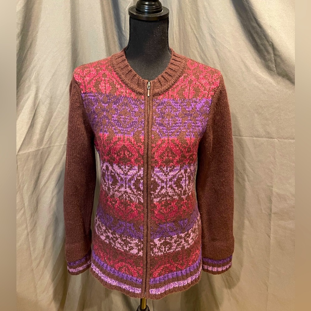 Coldwater Creek purple toned full zip sweater lamb and rabbit fur size small